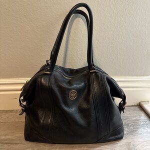 Tory Burch Black Leather Satchel with Gold Logo